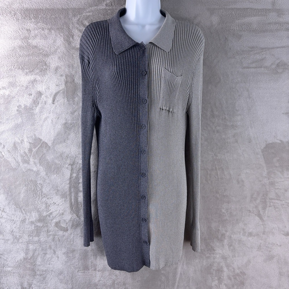 STAUD Ribbed Milton Cardigan Womens Size XL Gray Colorblock Knit Two Tone